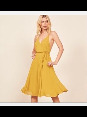 Reformation Tropics V-Neck Midi Wrap Dress Sunflower Yellow Sz XS Wedding Guest